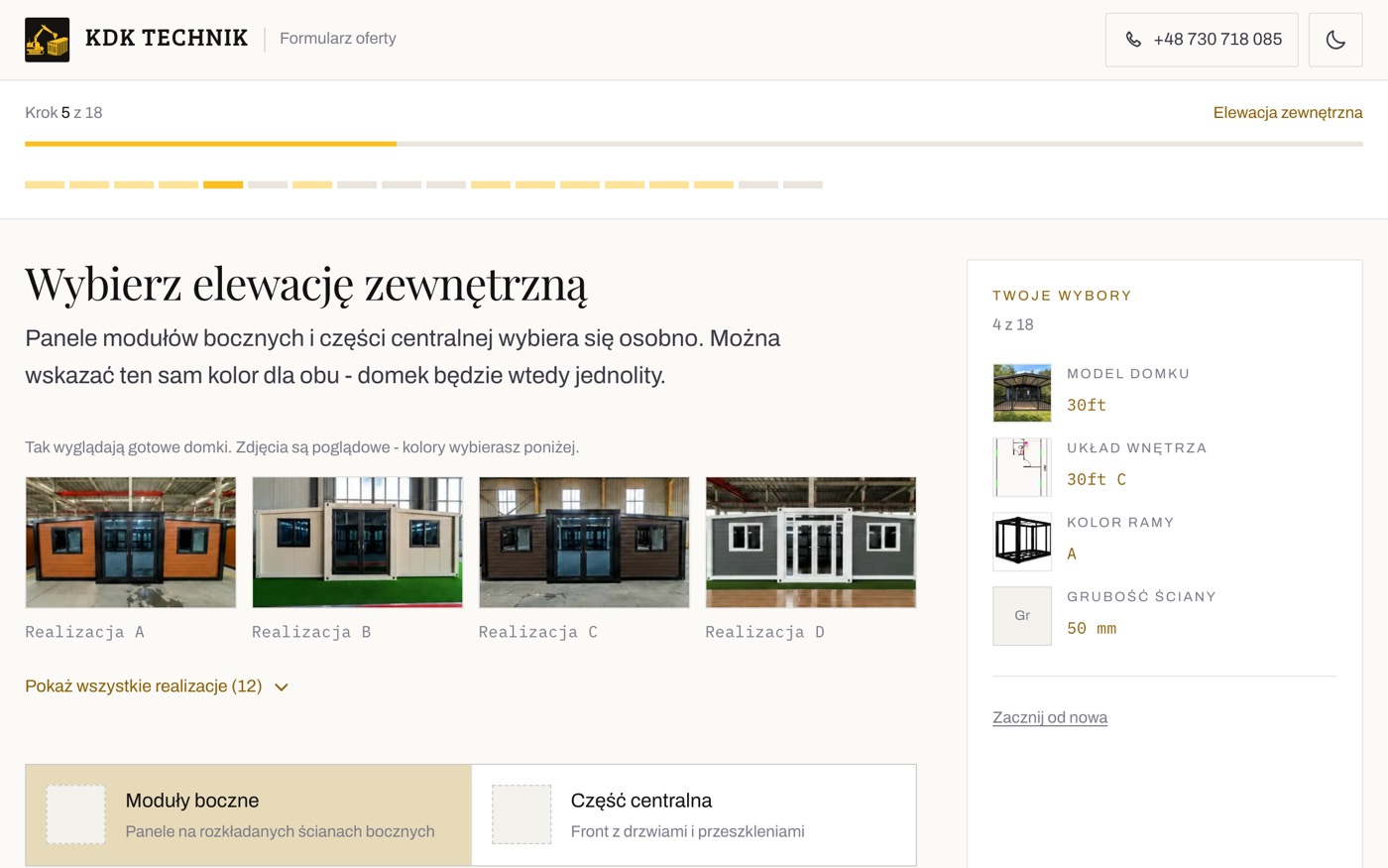 Konfigurator oferty KDK — Konfigurator zapytania ofertowego na domy kontenerowe — 568 wariantów, PDF i panel wycen.